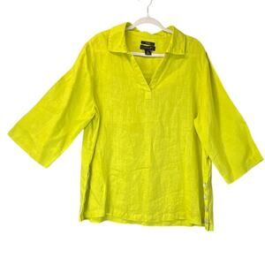 Tahari Women’s Limo-Green-Yellow 100% Linen 3/4 Sleeveless V Neck Blouse Lagen